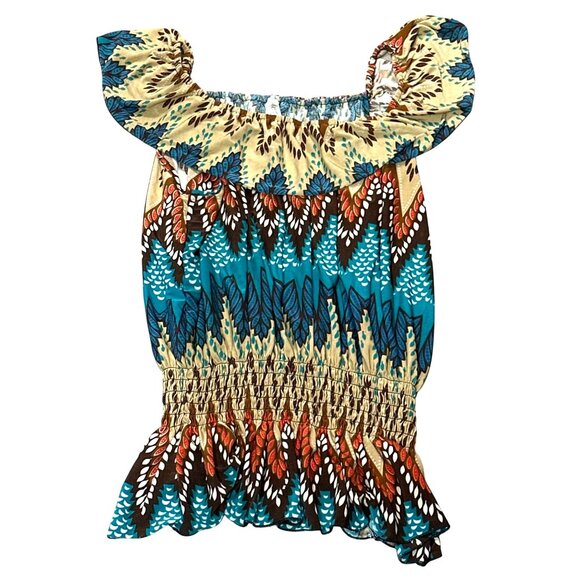 ACE Fashion Boho Peasant Blouse Festival Top Colorful Smocked Waist Ruffle Hem - Picture 10 of 11